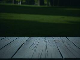 Wooden table and blur tropical green grass background, product display montage. High quality photo 8k FHD AI generated