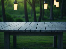 Wooden table and blur tropical green grass background, product display montage. High quality photo 8k FHD AI generated