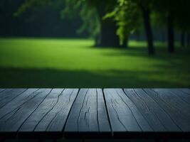 Wooden table and blur tropical green grass background, product display montage. High quality photo 8k FHD AI generated