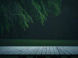 Wooden table and blur tropical green grass background, product display montage. High quality photo 8k FHD AI generated