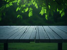 Wooden table and blur tropical green grass background, product display montage. High quality photo 8k FHD AI generated