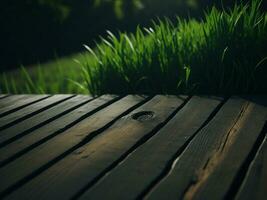 Wooden table and blur tropical green grass background, product display montage. High quality photo 8k FHD AI generated