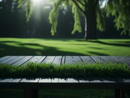 Wooden table and blur tropical green grass background, product display montage. High quality photo 8k FHD AI generated