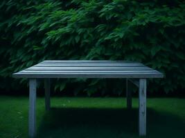 Wooden table and blur tropical green grass background, product display montage. High quality photo 8k FHD AI generated