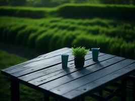 Wooden table and blur tropical green grass background, product display montage. High quality photo 8k FHD AI generated