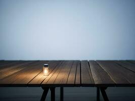 Wooden table and blur tropical white background, product display montage. High quality photo 8k FHD AI generated