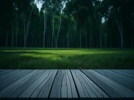 Wooden table and blur tropical green grass background, product display montage. High quality photo 8k FHD AI generated