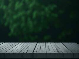 Wooden table and blur tropical Green color background, product display montage. High quality photo 8k FHD AI generated