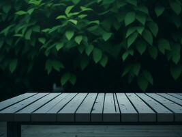 Wooden table and blur tropical Green color background, product display montage. High quality photo 8k FHD AI generated