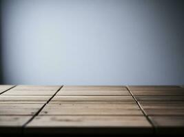 Wooden table and blur tropical Green color background, product display montage. High quality photo 8k FHD AI generated