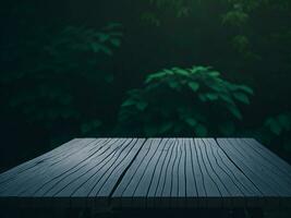 Wooden table and blur tropical green Color background, product display montage. High quality photo 8k FHD AI generated