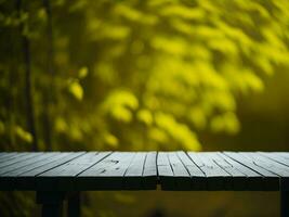 Wooden table and blur tropical Yellow Color background, product display montage. High quality photo 8k FHD AI generated