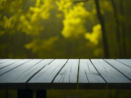 Wooden table and blur tropical Yellow Color background, product display montage. High quality photo 8k FHD AI generated