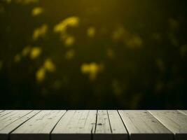 Wooden table and blur tropical Yellow Color background, product display montage. High quality photo 8k FHD AI generated