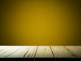 Wooden table and blur tropical Yellow Color background, product display montage. High quality photo 8k FHD AI generated