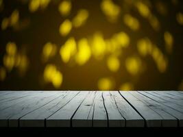 Wooden table and blur tropical Yellow Color background, product display montage. High quality photo 8k FHD AI generated