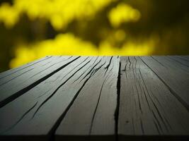 Wooden table and blur tropical Yellow Color background, product display montage. High quality photo 8k FHD AI generated