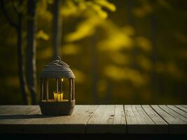 Wooden table and blur tropical Yellow Color background, product display montage. High quality photo 8k FHD AI generated