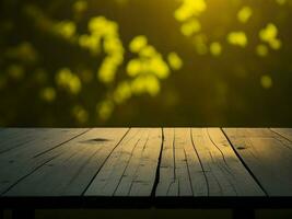 Wooden table and blur tropical Yellow Color background, product display montage. High quality photo 8k FHD AI generated