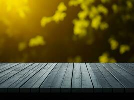 Wooden table and blur tropical Yellow Color background, product display montage. High quality photo 8k FHD AI generated