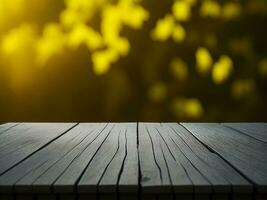 Wooden table and blur tropical Yellow Color background, product display montage. High quality photo 8k FHD AI generated