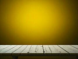Wooden table and blur tropical Yellow Color background, product display montage. High quality photo 8k FHD AI generated