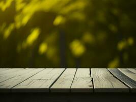 Wooden table and blur tropical Yellow Color background, product display montage. High quality photo 8k FHD AI generated