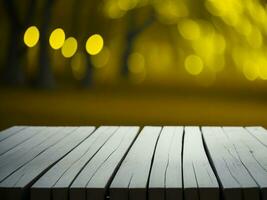 Wooden table and blur tropical Yellow Color background, product display montage. High quality photo 8k FHD AI generated