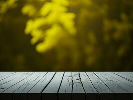 Wooden table and blur tropical Yellow Color background, product display montage. High quality photo 8k FHD AI generated