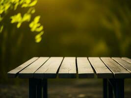 Wooden table and blur tropical Yellow Color background, product display montage. High quality photo 8k FHD AI generated