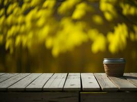 Wooden table and blur tropical Yellow Color background, product display montage. High quality photo 8k FHD AI generated