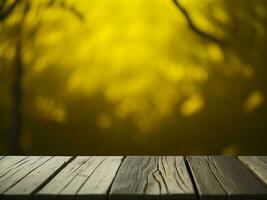 de madera mesa y difuminar tropical amarillo color fondo, producto monitor montaje. alto calidad foto 8k fhd ai generado