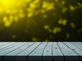 Wooden table and blur tropical Yellow Color background, product display montage. High quality photo 8k FHD AI generated