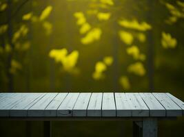 Wooden table and blur tropical Yellow Color background, product display montage. High quality photo 8k FHD AI generated