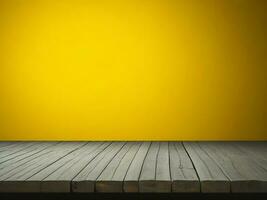 Wooden table and blur tropical Yellow Color background, product display montage. High quality photo 8k FHD AI generated