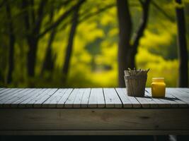 Wooden table and blur tropical Yellow Color background, product display montage. High quality photo 8k FHD AI generated
