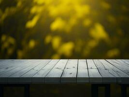 Wooden table and blur tropical Yellow Color background, product display montage. High quality photo 8k FHD AI generated