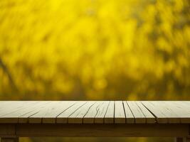 Wooden table and blur tropical Yellow Color background, product display montage. High quality photo 8k FHD AI generated