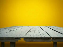 Wooden table and blur tropical Yellow Color background, product display montage. High quality photo 8k FHD AI generated