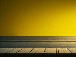 Wooden table and blur tropical Yellow Color background, product display montage. High quality photo 8k FHD AI generated