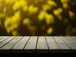 Wooden table and blur tropical Yellow Color background, product display montage. High quality photo 8k FHD AI generated