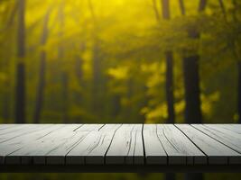 Wooden table and blur tropical Yellow Color background, product display montage. High quality photo 8k FHD AI generated