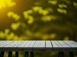 Wooden table and blur tropical Yellow Color background, product display montage. High quality photo 8k FHD AI generated