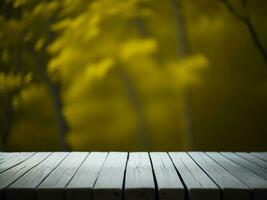 Wooden table and blur tropical Yellow Color background, product display montage. High quality photo 8k FHD AI generated