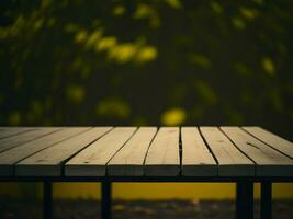 Wooden table and blur tropical Yellow Color background, product display montage. High quality photo 8k FHD AI generated