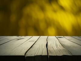 Wooden table and blur tropical Yellow Color background, product display montage. High quality photo 8k FHD AI generated