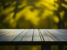 Wooden table and blur tropical Yellow Color background, product display montage. High quality photo 8k FHD AI generated