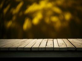 Wooden table and blur tropical Yellow Color background, product display montage. High quality photo 8k FHD AI generated