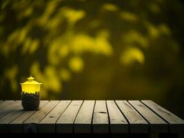 Wooden table and blur tropical Yellow Color background, product display montage. High quality photo 8k FHD AI generated