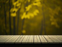 Wooden table and blur tropical Yellow Color background, product display montage. High quality photo 8k FHD AI generated